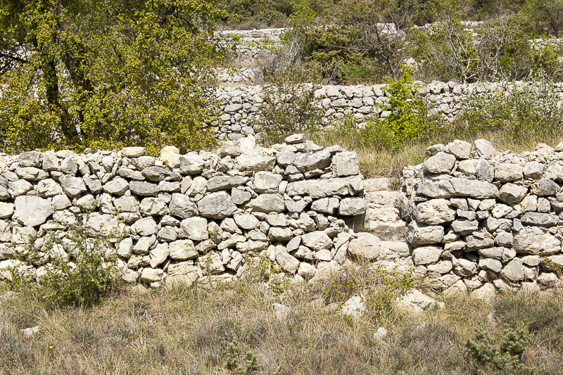 Photographie 9/9 : un des éléments les plus importants du patrimoine ardéchois, ce sont les « faÿsses », également appelées accols, échamps, restanques, tasso : il s’agit des terrasses qui rythment la chute des prés dans les vallons. Photographie prise sur la commune de Saint-Remèze